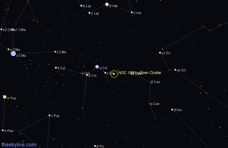 Finder chart NGC 1891 - Open Cluster in Columba star