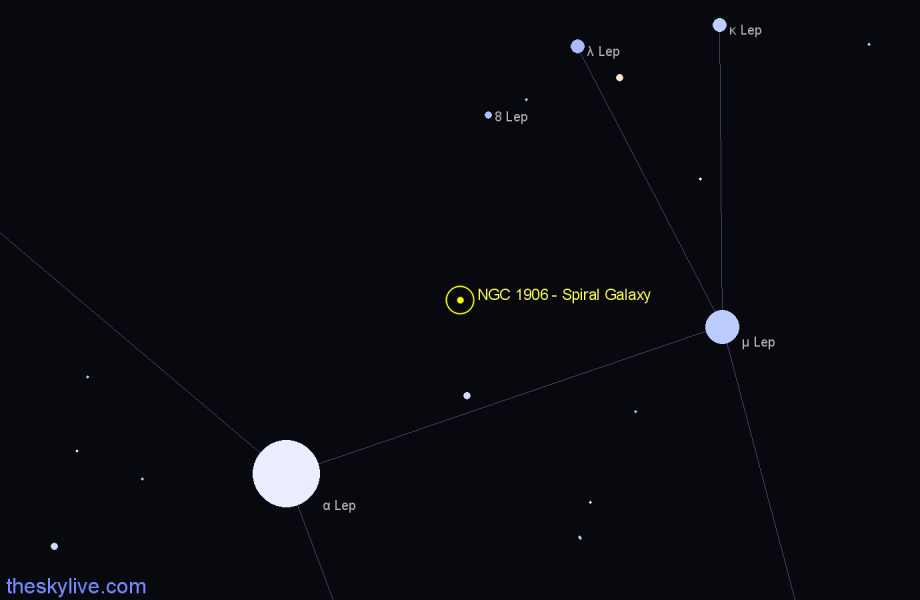 Finder chart NGC 1906 - Spiral Galaxy in Lepus star