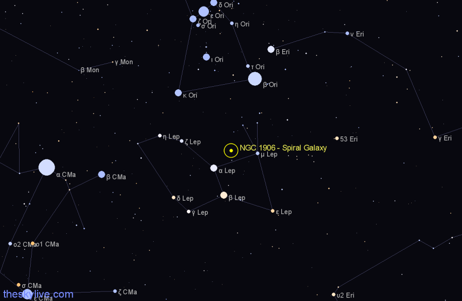 Finder chart NGC 1906 - Spiral Galaxy in Lepus star