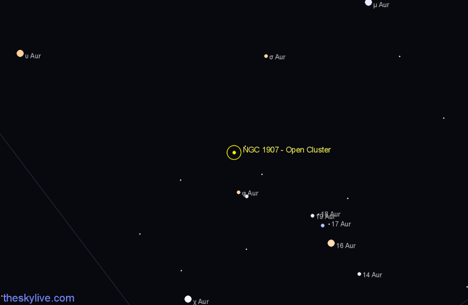 Finder chart NGC 1907 - Open Cluster in Auriga star