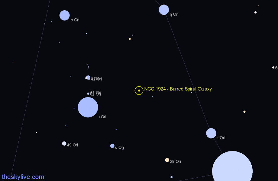 Finder chart NGC 1924 - Barred Spiral Galaxy in Orion star