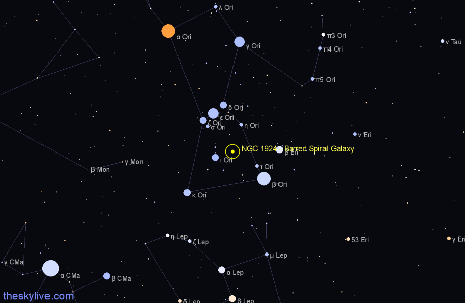 Finder chart NGC 1924 - Barred Spiral Galaxy in Orion star