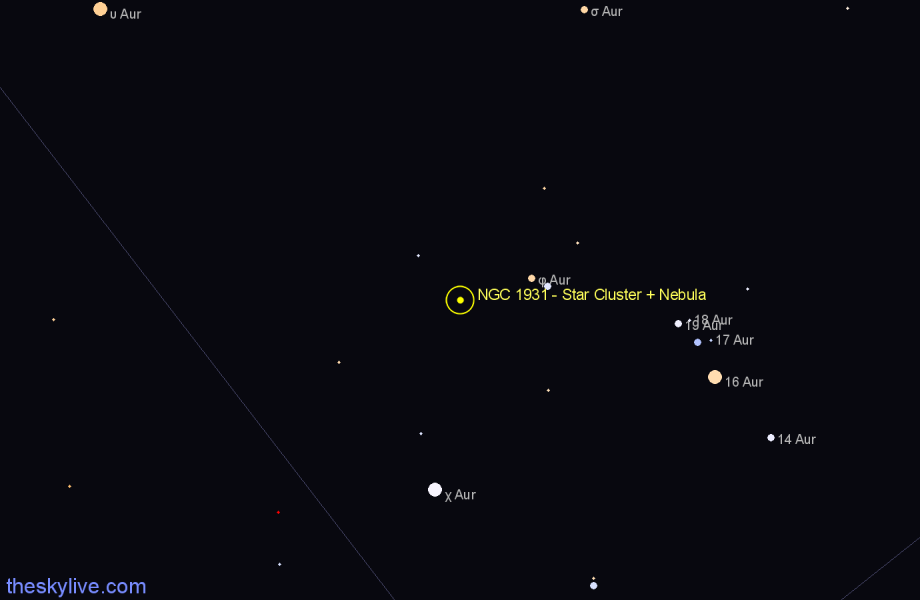 Finder chart NGC 1931 - Star Cluster + Nebula in Auriga star