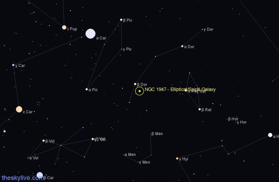 Finder chart NGC 1947 - Elliptical/Spiral Galaxy in Dorado star