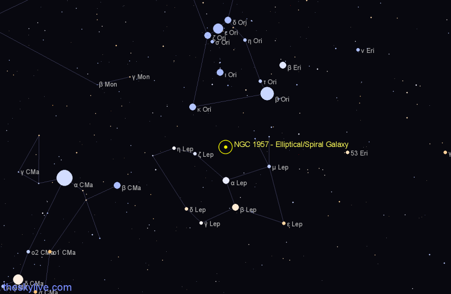 Finder chart NGC 1957 - Elliptical/Spiral Galaxy in Lepus star