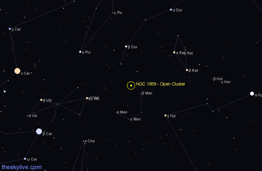 Finder chart NGC 1959 - Open Cluster in Mensa star