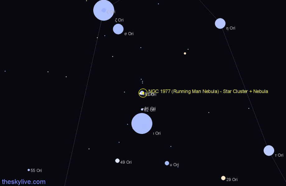 Finder chart NGC 1977 (Running Man Nebula) - Star Cluster + Nebula in Orion star