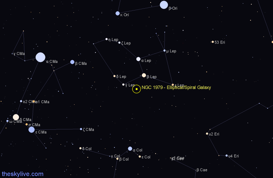 Finder chart NGC 1979 - Elliptical/Spiral Galaxy in Lepus star