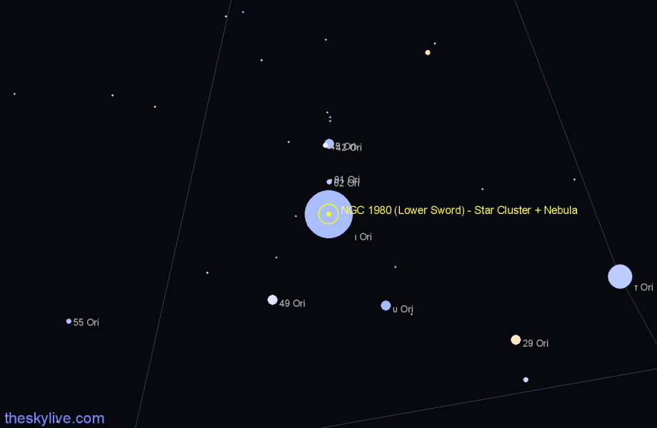 Finder chart NGC 1980 (Lower Sword) - Star Cluster + Nebula in Orion star