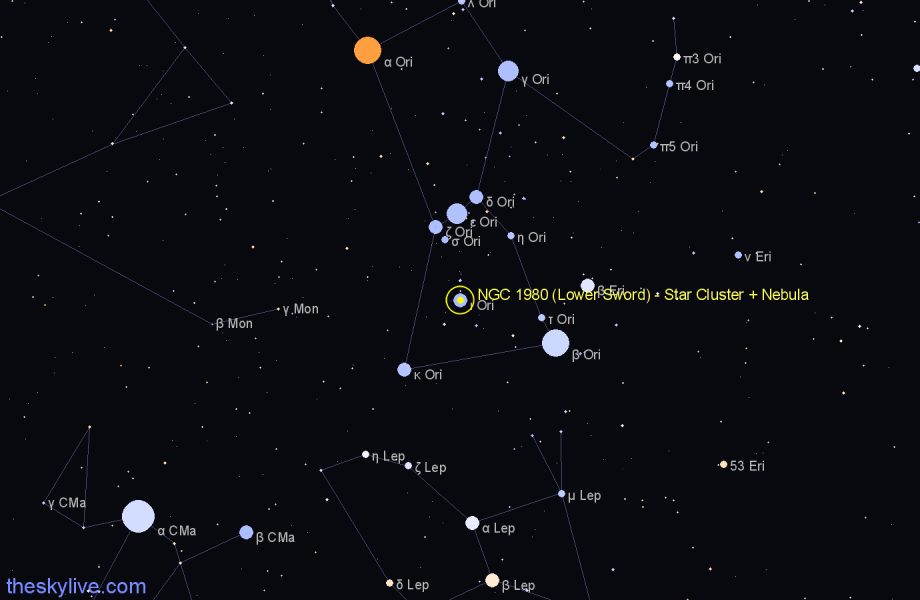 Finder chart NGC 1980 (Lower Sword) - Star Cluster + Nebula in Orion star