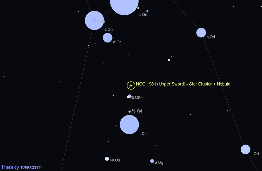 Finder chart NGC 1981 (Upper Sword) - Star Cluster + Nebula in Orion star