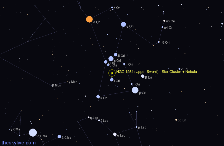 Finder chart NGC 1981 (Upper Sword) - Star Cluster + Nebula in Orion star