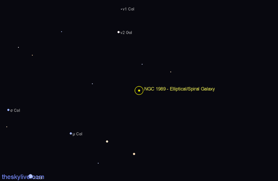 Finder chart NGC 1989 - Elliptical/Spiral Galaxy in Columba star