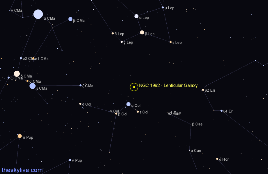 Finder chart NGC 1992 - Lenticular Galaxy in Columba star