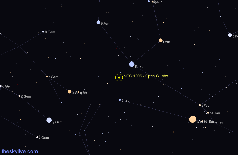 Finder chart NGC 1996 - Open Cluster in Taurus star