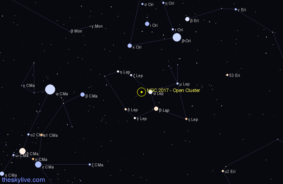 Finder chart NGC 2017 - Open Cluster in Lepus star
