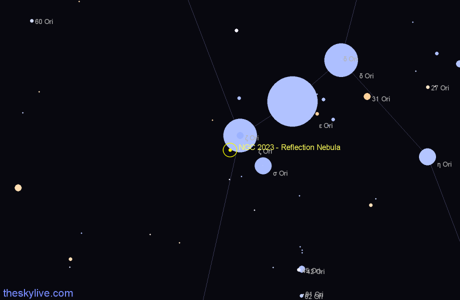 Finder chart NGC 2023 - Reflection Nebula in Orion star