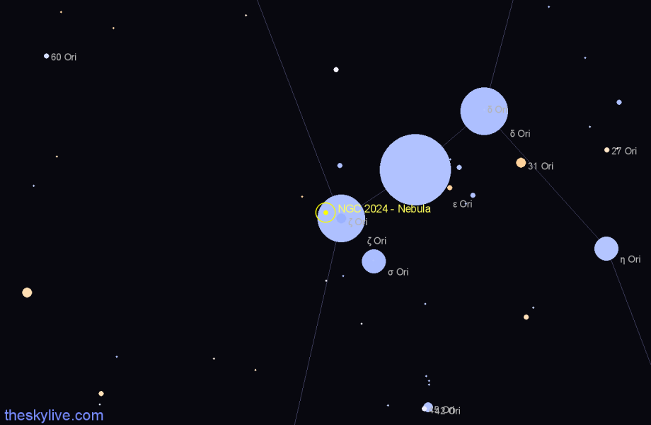 Finder chart NGC 2024 - Nebula in Orion star