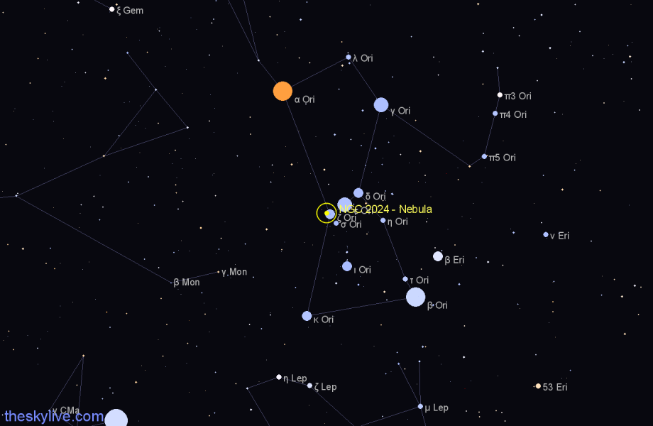 Finder chart NGC 2024 - Nebula in Orion star