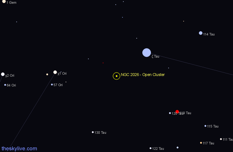 Finder chart NGC 2026 - Open Cluster in Taurus star