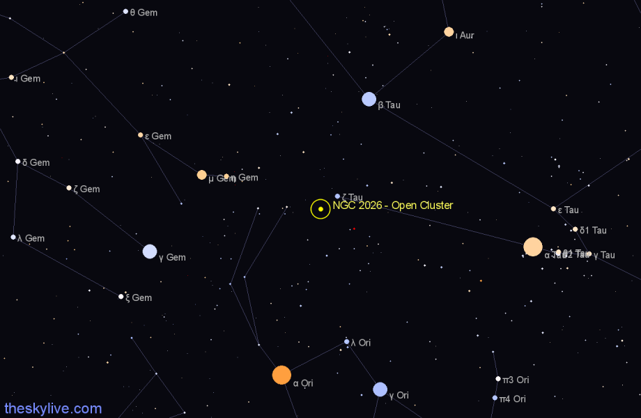 Finder chart NGC 2026 - Open Cluster in Taurus star