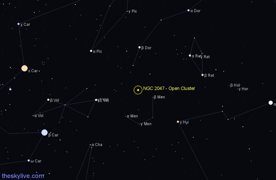 Finder chart NGC 2047 - Open Cluster in Mensa star