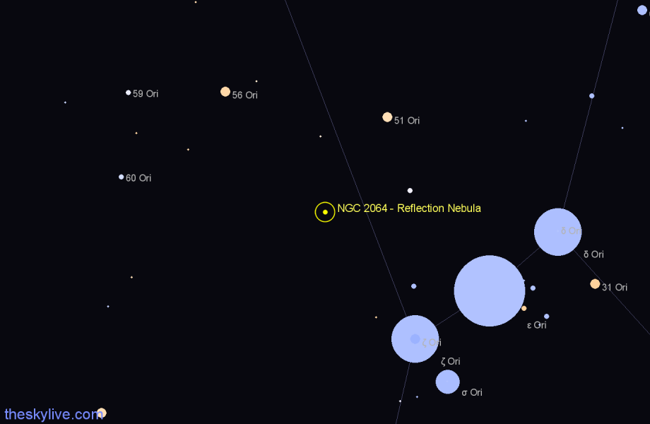 Finder chart NGC 2064 - Reflection Nebula in Orion star