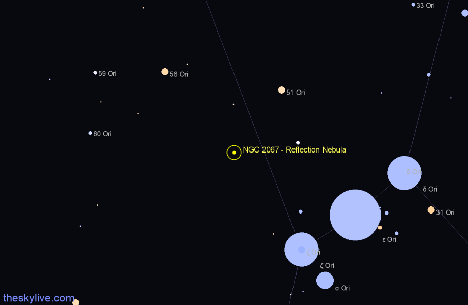 Finder chart NGC 2067 - Reflection Nebula in Orion star