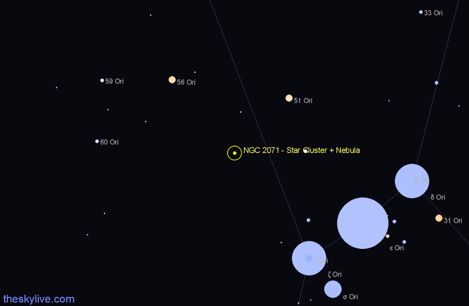 Finder chart NGC 2071 - Star Cluster + Nebula in Orion star