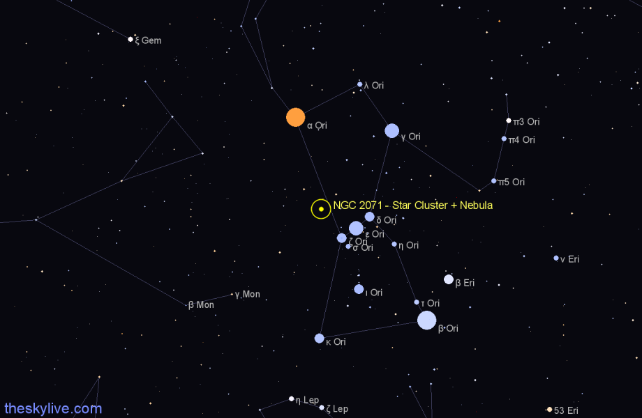 Finder chart NGC 2071 - Star Cluster + Nebula in Orion star