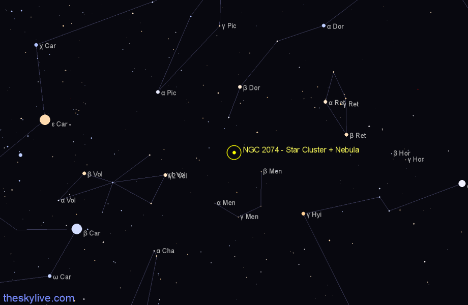 Finder chart NGC 2074 - Star Cluster + Nebula in Dorado star