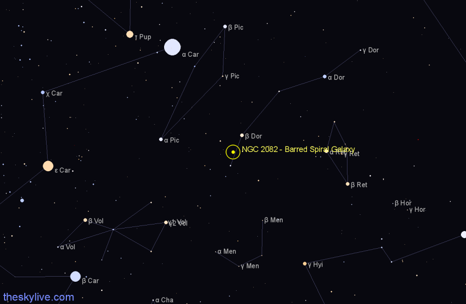 Finder chart NGC 2082 - Barred Spiral Galaxy in Dorado star