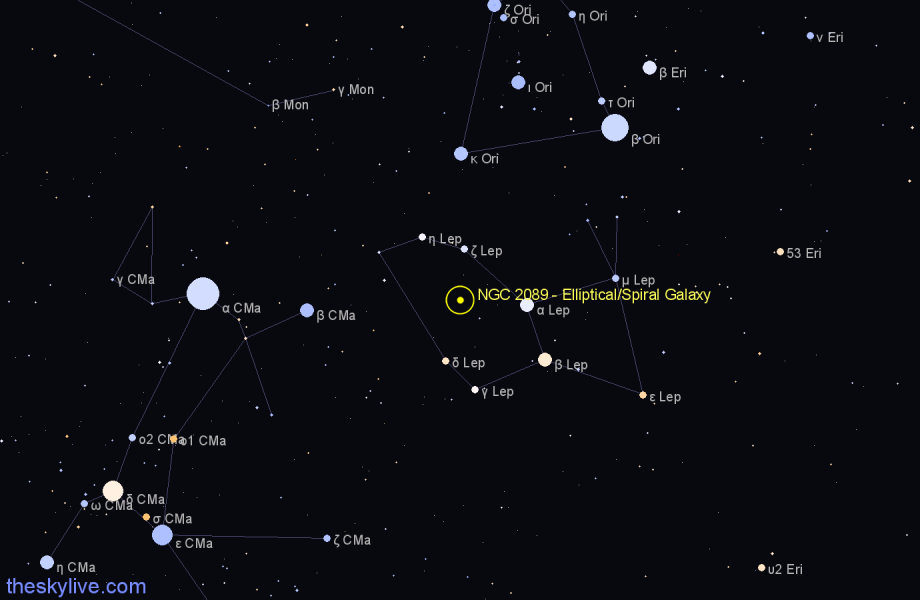 Finder chart NGC 2089 - Elliptical/Spiral Galaxy in Lepus star