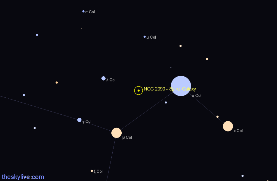 Finder chart NGC 2090 - Spiral Galaxy in Columba star