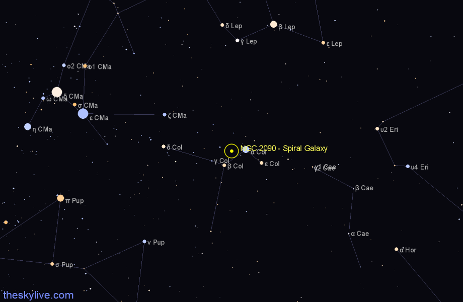 Finder chart NGC 2090 - Spiral Galaxy in Columba star