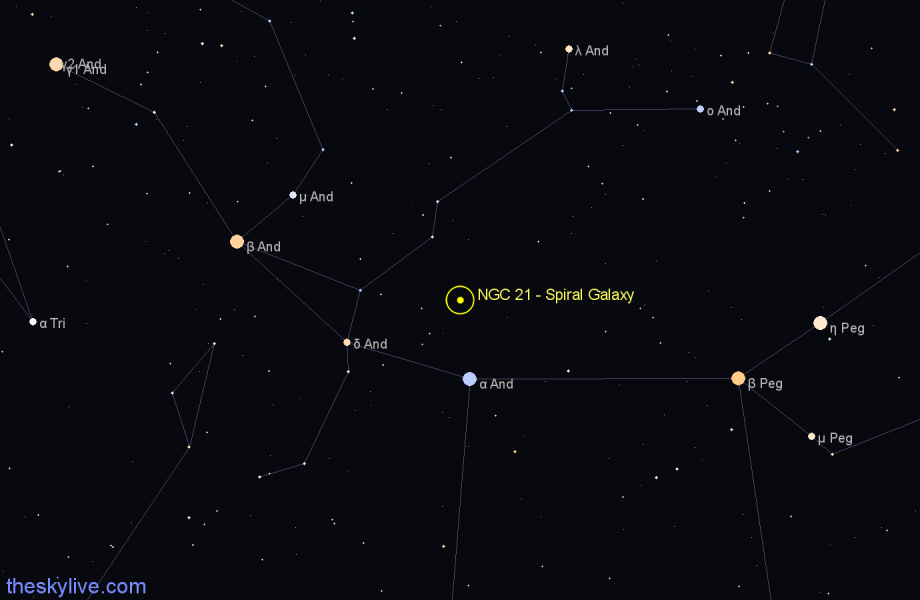 Finder chart NGC 21 - Spiral Galaxy in Andromeda star