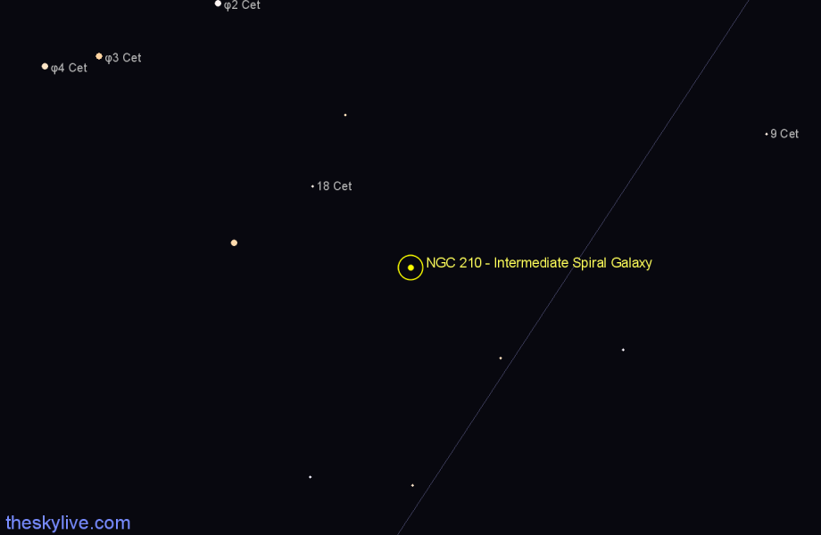 Finder chart NGC 210 - Intermediate Spiral Galaxy in Cetus star