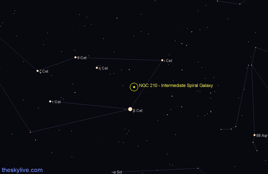 Finder chart NGC 210 - Intermediate Spiral Galaxy in Cetus star