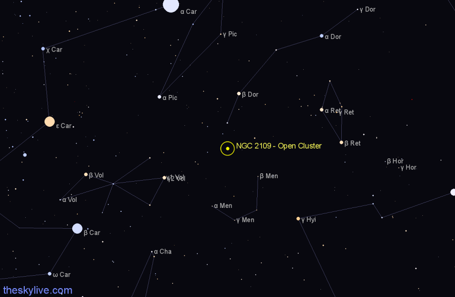 Finder chart NGC 2109 - Open Cluster in Dorado star