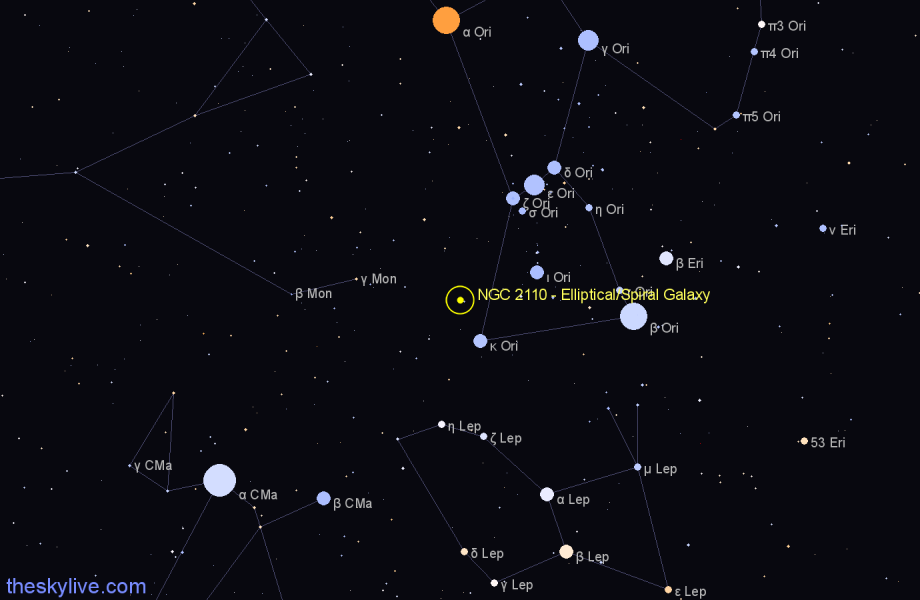 Finder chart NGC 2110 - Elliptical/Spiral Galaxy in Orion star