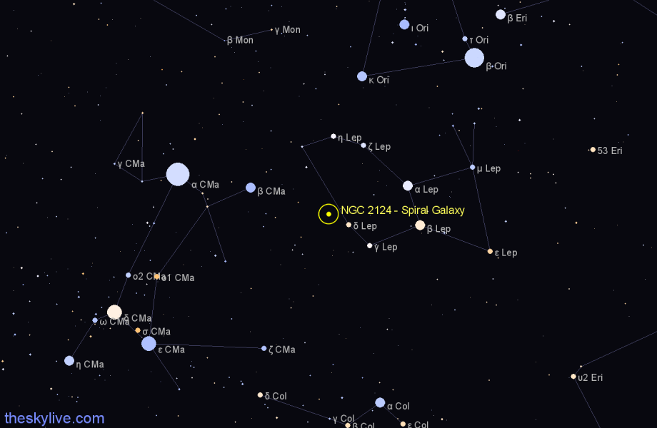 Finder chart NGC 2124 - Spiral Galaxy in Lepus star