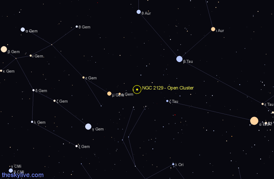 Finder chart NGC 2129 - Open Cluster in Gemini star