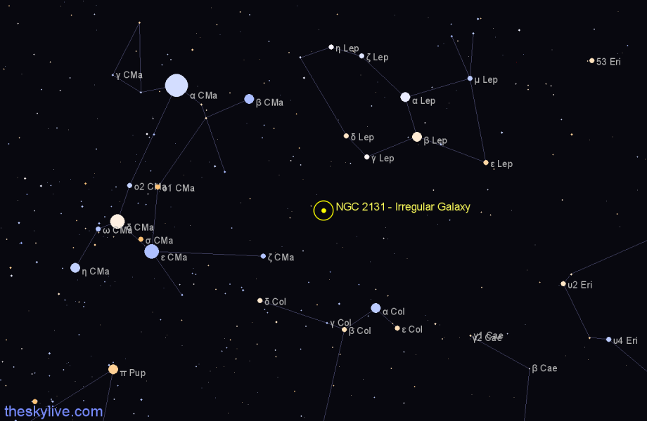 Finder chart NGC 2131 - Irregular Galaxy in Lepus star