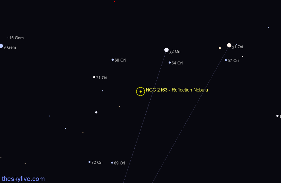 Finder chart NGC 2163 - Reflection Nebula in Orion star