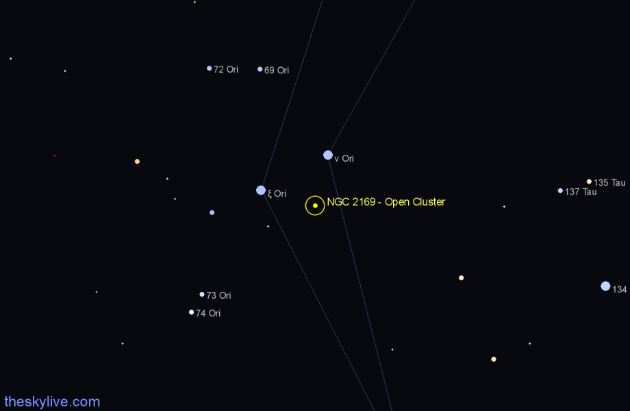 Finder chart NGC 2169 - Open Cluster in Orion star