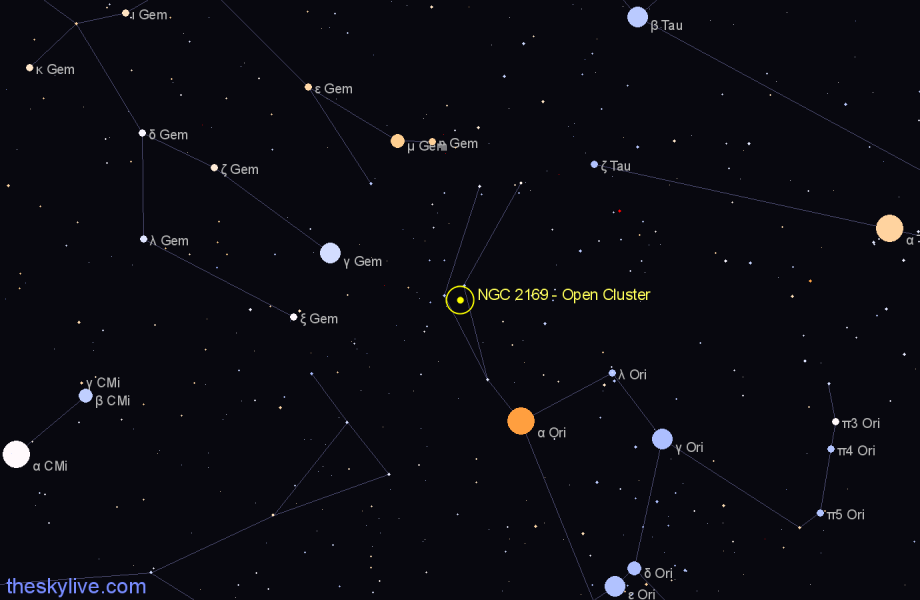 Finder chart NGC 2169 - Open Cluster in Orion star