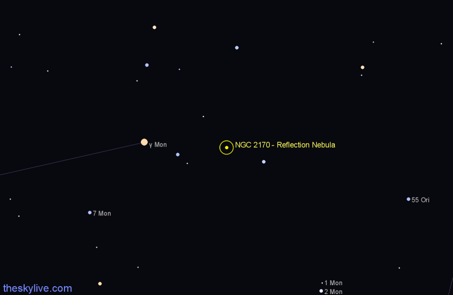 Finder chart NGC 2170 - Reflection Nebula in Monoceros star