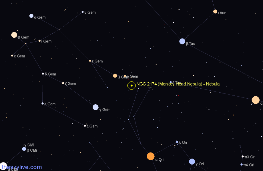 Finder chart NGC 2174 (Monkey Head Nebula) - Nebula in Orion star