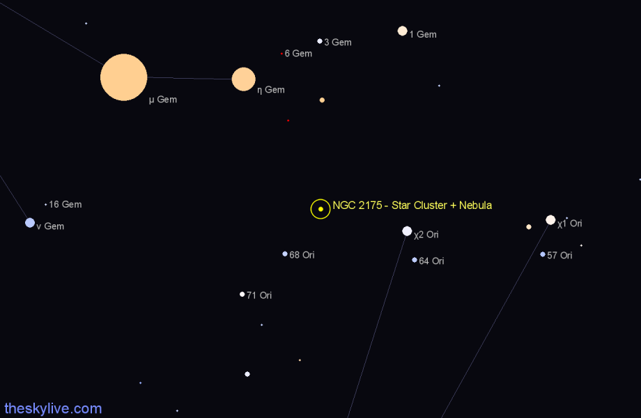 Finder chart NGC 2175 - Star Cluster + Nebula in Orion star