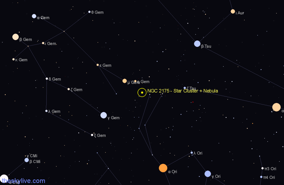 Finder chart NGC 2175 - Star Cluster + Nebula in Orion star